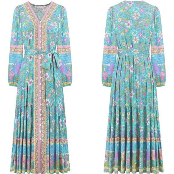 Dresses & Skirts - Women's Long Sleeve Boho Midi Dress V Neck 011